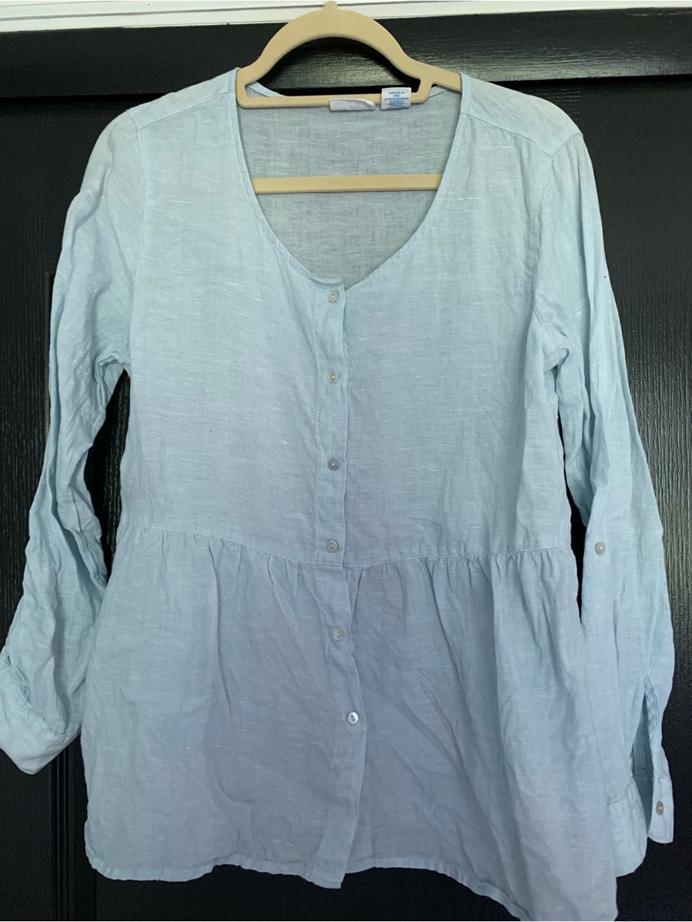 Sigrid Olsen Linen Blouse M Light Blue Roll Tab Lagenlook Coastal